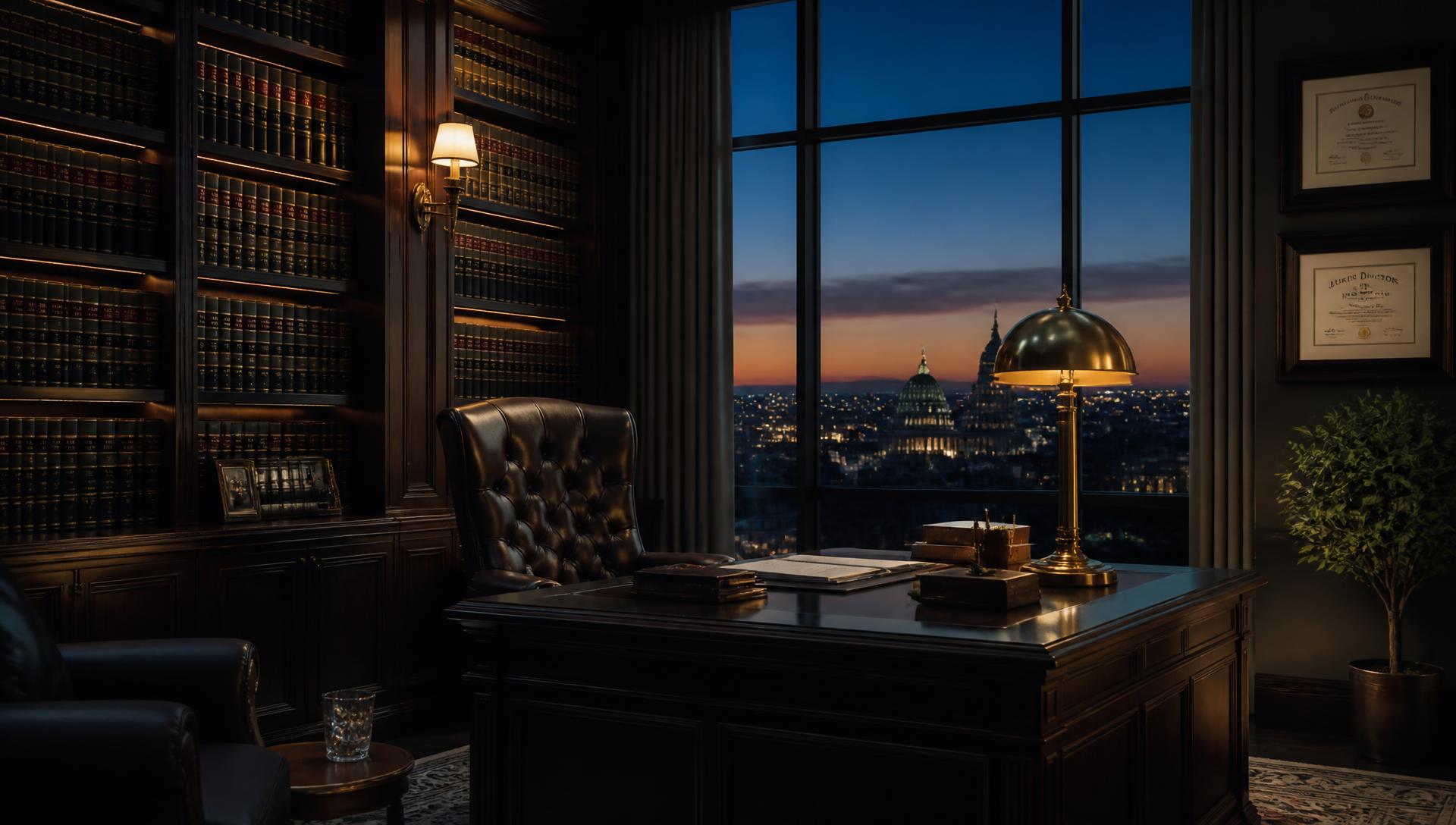 Law office library at dusk with brass desk lamp and city view